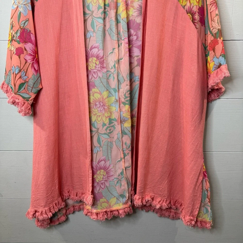 Umgee Coral Floral Kimono Duster Fringe Trim Boho Cardigan Size Small / Medium - Picture 4 of 13